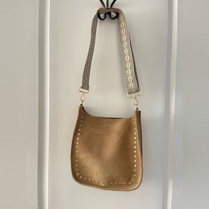 Suede Tan Shoulder Bag with Gold Accents & Cotton Embroidery Straps